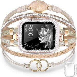 NEW Boho Leather Bracelet Watch Band with Bling case
